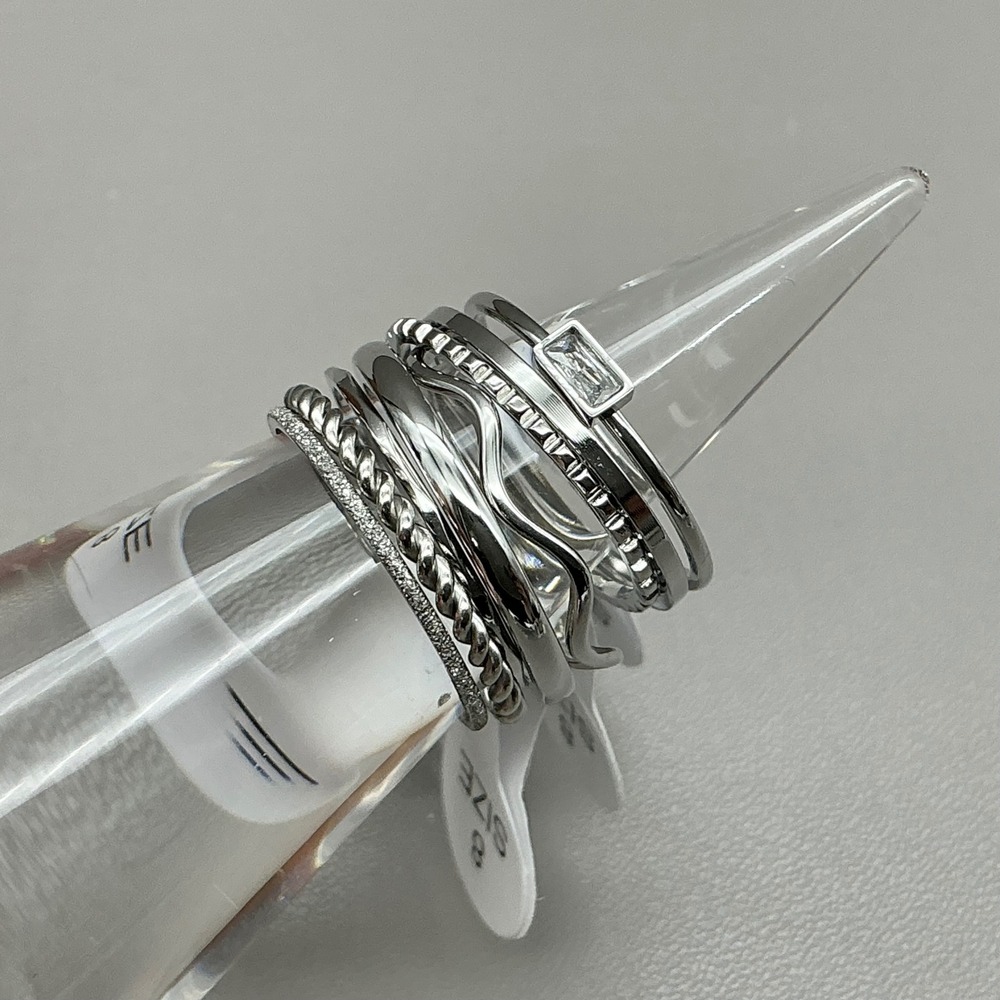 Stackable Ring Set Women Silver Tone Assorted Bands Twisted Wavy Textured Size 8
